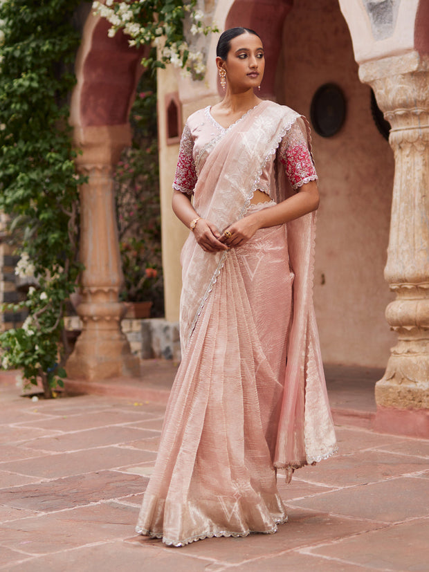 Blush Pink Banarasi Tissue Zardozi Saree