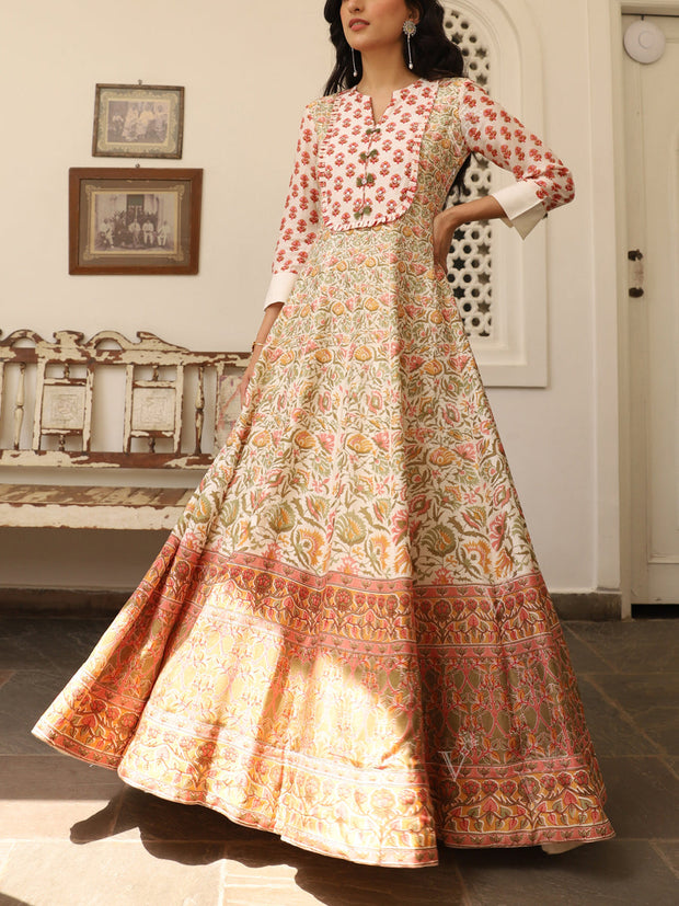 Off White Vasansi Silk Printed Anarkali Gown