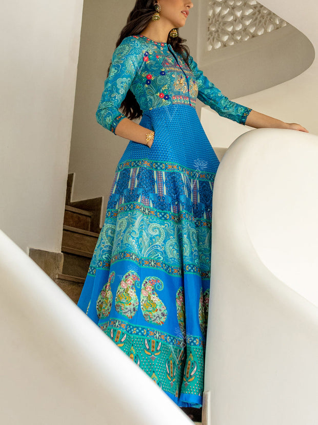 Blue Vasansi Silk Printed Anarkali Gown