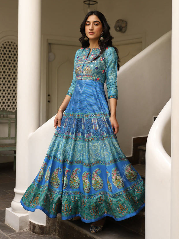 Blue Vasansi Silk Printed Anarkali Gown