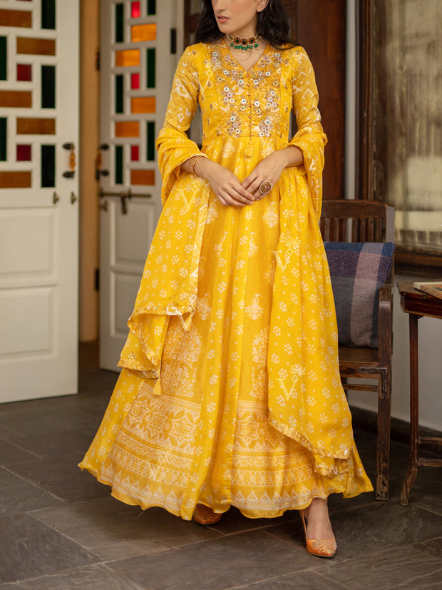 Yellow Vasansi Silk Printed Anarkali Gown