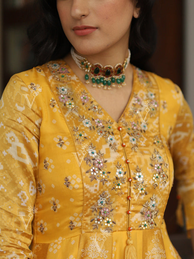 Yellow Vasansi Silk Printed Anarkali Gown