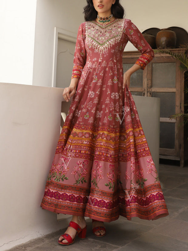 Brown Vasansi Silk Printed Embroidered Anarkali Gown