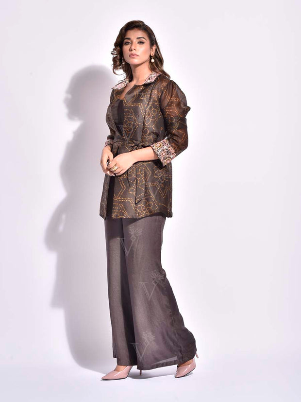 Brown Bandhni Printed Organza Jacket with Bustier Set