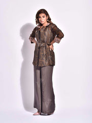 Brown Bandhni Printed Organza Jacket with Bustier Set