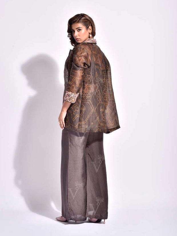 Brown Bandhni Printed Organza Jacket with Bustier Set