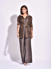 DD28, MTO , Brown , Bandhni , Printed , Organza Jacket with Bustier Set  , jacket set , pants set, bustier set , jacket with bustier