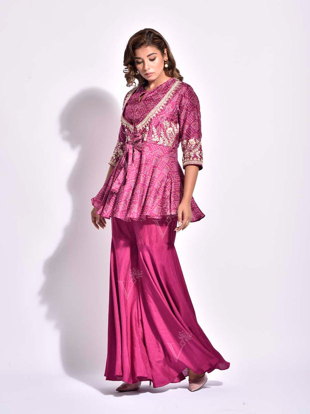 Pink Bandhani Printed Vasansi Silk Peplum and Sharara Set