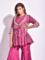 Pink Bandhani Printed Vasansi Silk Peplum and Sharara Set