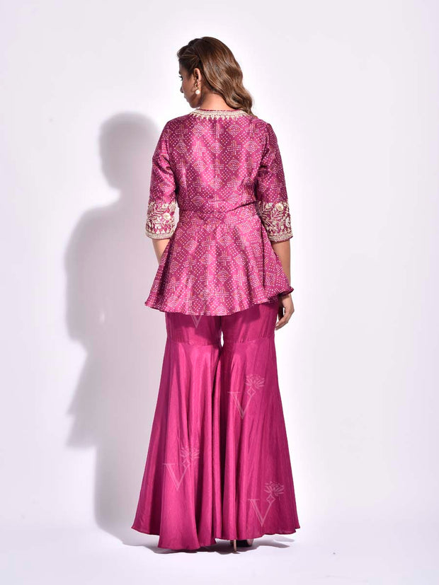 Pink Bandhani Printed Vasansi Silk Peplum and Sharara Set