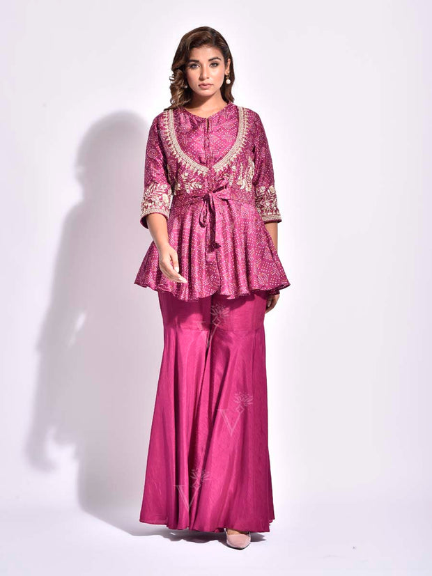 DD28, MTO , Pink, Bandhani, Printed, Vasansi Silk, Peplum and Sharara Set, peplum set , sharara set