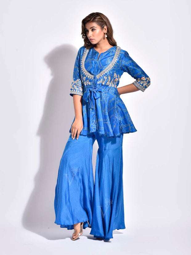 Blue Bandhani Printed Vasansi Silk Peplum and Sharara Set