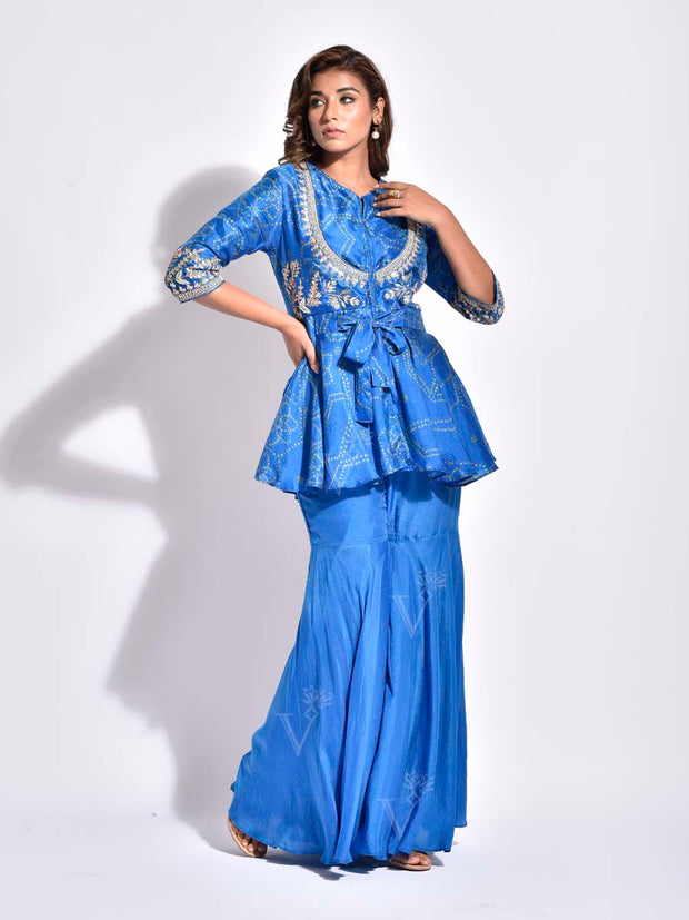 Blue Bandhani Printed Vasansi Silk Peplum and Sharara Set