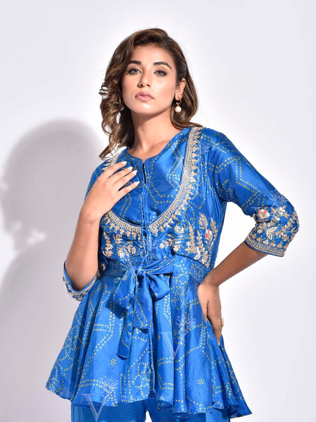 Blue Bandhani Printed Vasansi Silk Peplum and Sharara Set