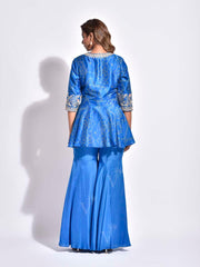 Blue Bandhani Printed Vasansi Silk Peplum and Sharara Set