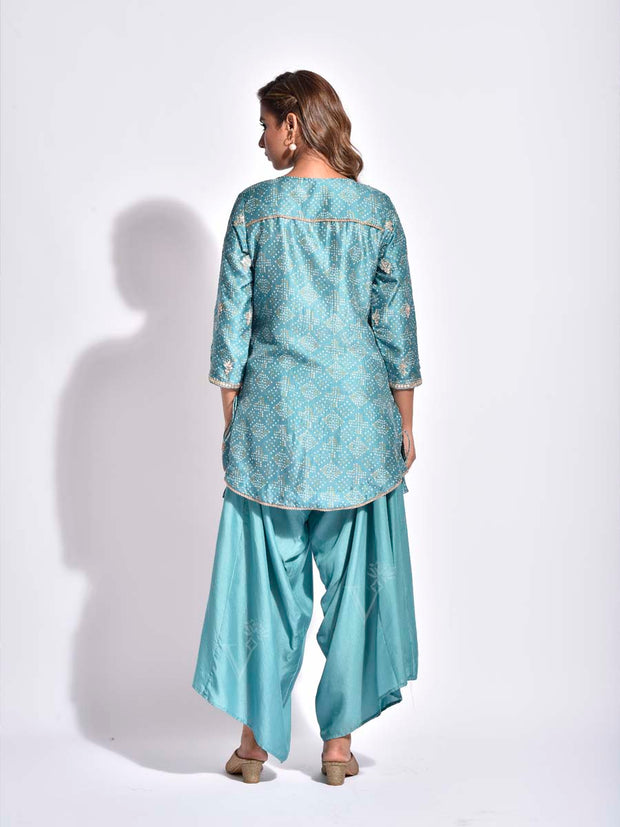 Pine Vasansi Silk Bandhani Kurta and Dhoti Pants Set