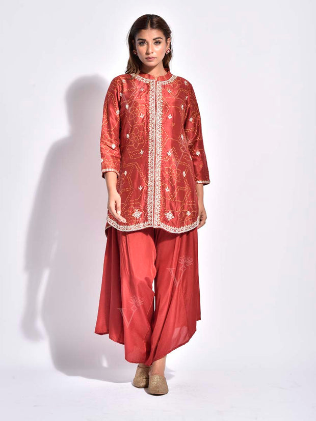 Brown Vasansi Silk Bandhani Kurta and Dhoti Pants Set