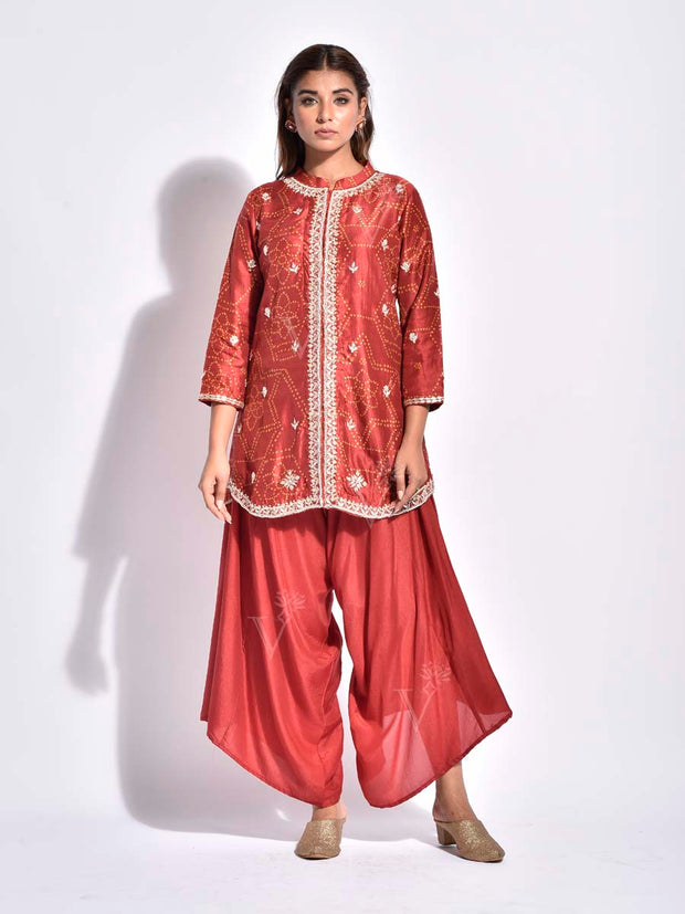 DD28, MTO, Brown, Vasansi Silk, Bandhani, Kurta and Dhoti Pants Set , Dhoti set