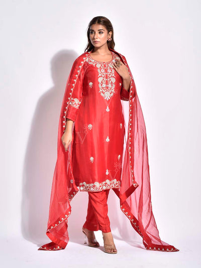 Red Embroidered Silk Suit Set