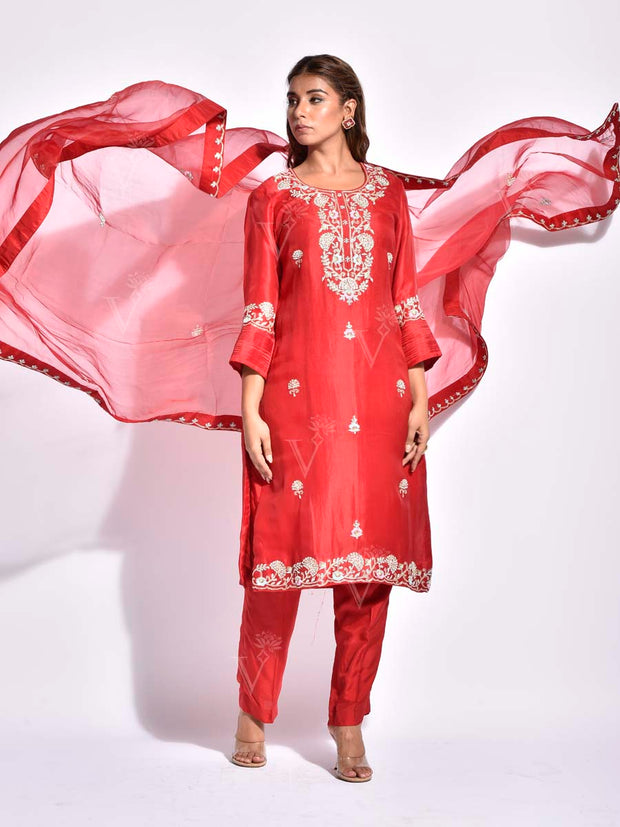 Red Embroidered Silk Suit Set