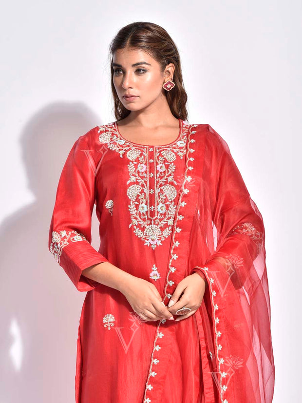 Red Embroidered Silk Suit Set