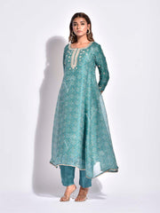 Green Bandhani Printed Organza A-Line Kurta Set