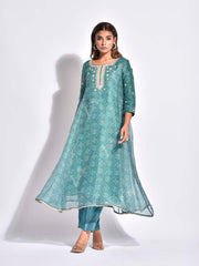 Green Bandhani Printed Organza A-Line Kurta Set