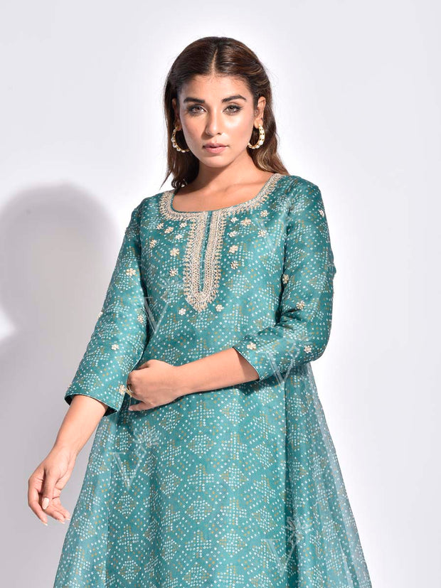 Green Bandhani Printed Organza A-Line Kurta Set