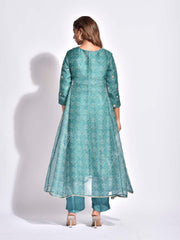 Green Bandhani Printed Organza A-Line Kurta Set