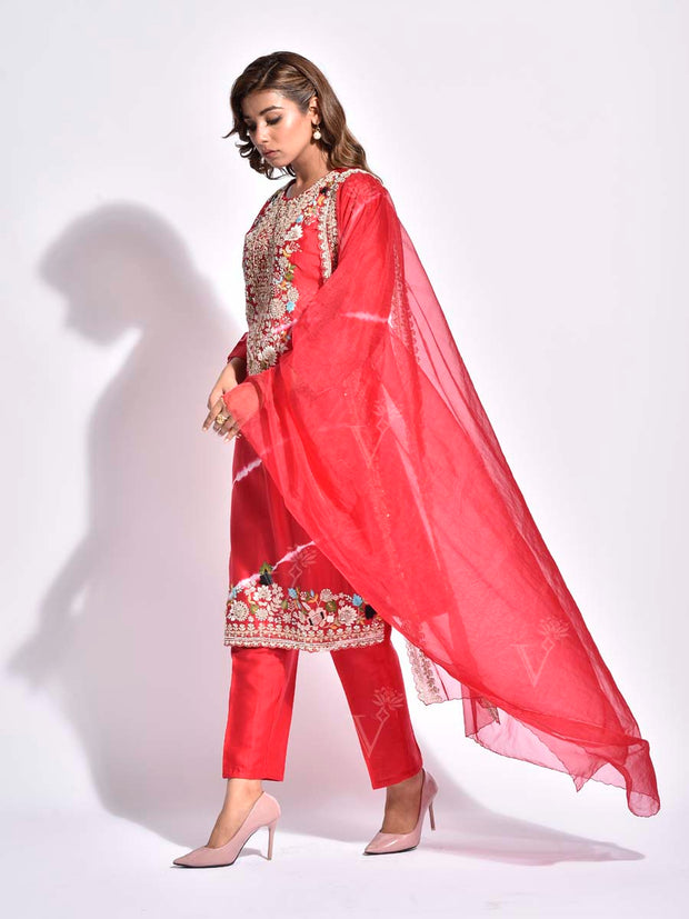 Red Embroidered Chanderi Suit Set