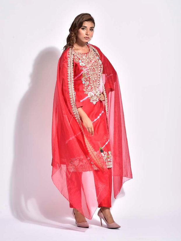 Red Embroidered Chanderi Suit Set