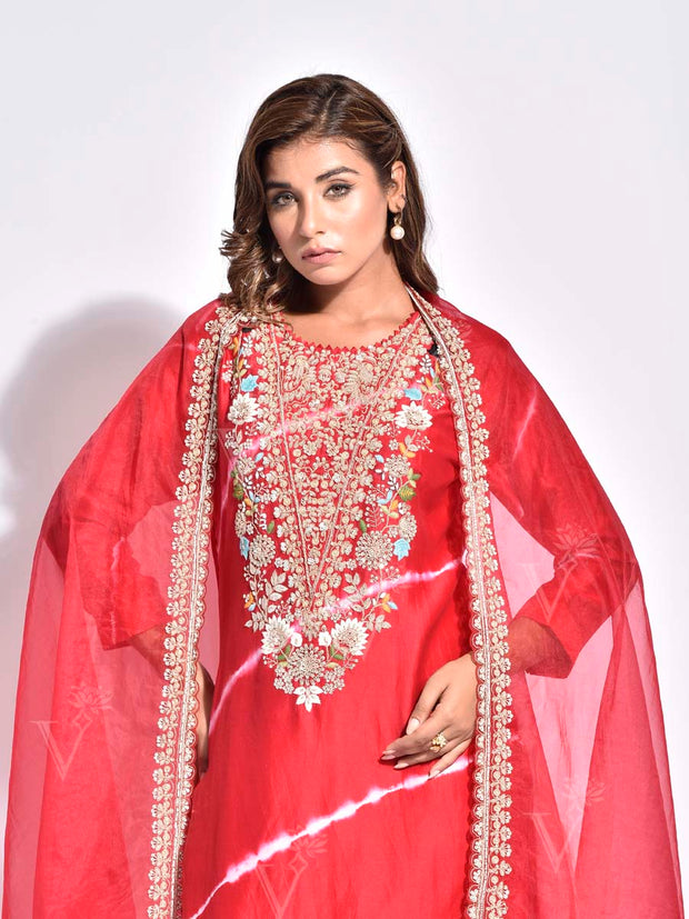 Red Embroidered Chanderi Suit Set