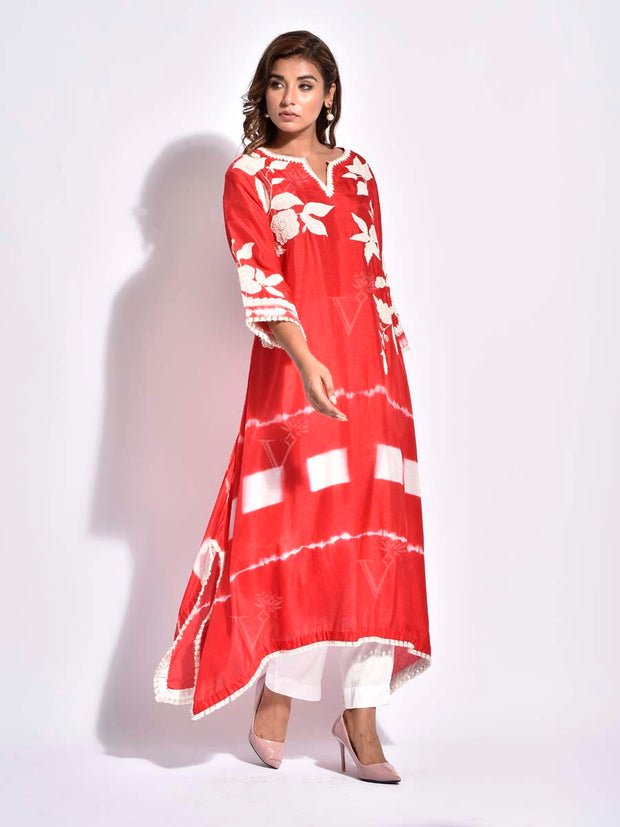 Red Embroidered Silk Asymmetric Kurta Set