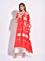 Red Embroidered Silk Asymmetric Kurta Set