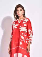 Red Embroidered Silk Asymmetric Kurta Set