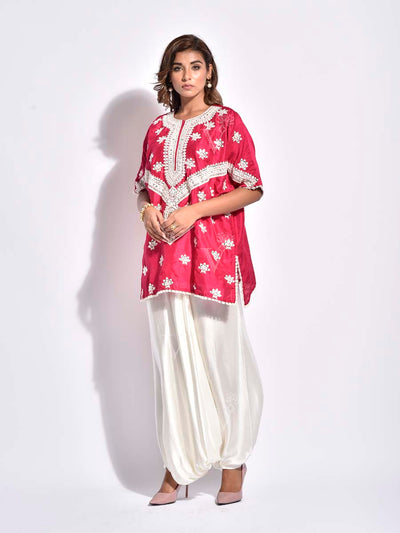 Pink Embroidered Silk Kurta and Harem Pants Set