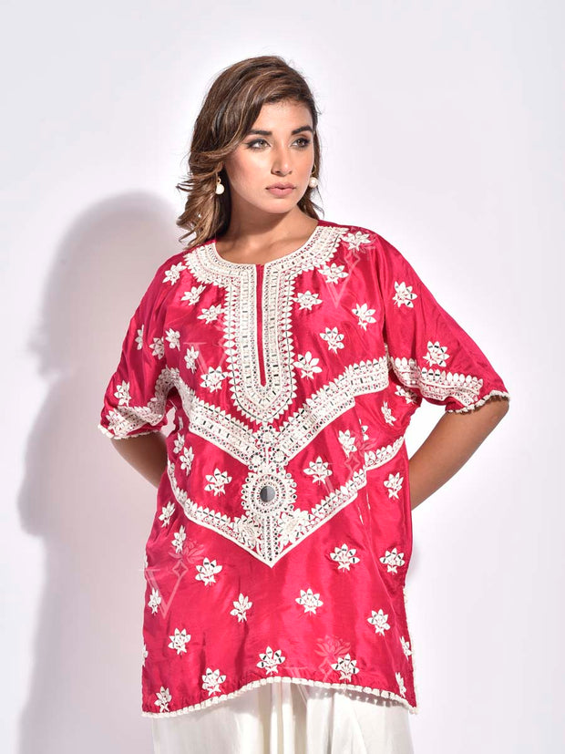 Pink Embroidered Silk Kurta and Harem Pants Set