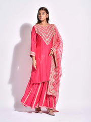 Pink Embroidered Silk Kurta and Sharara Set