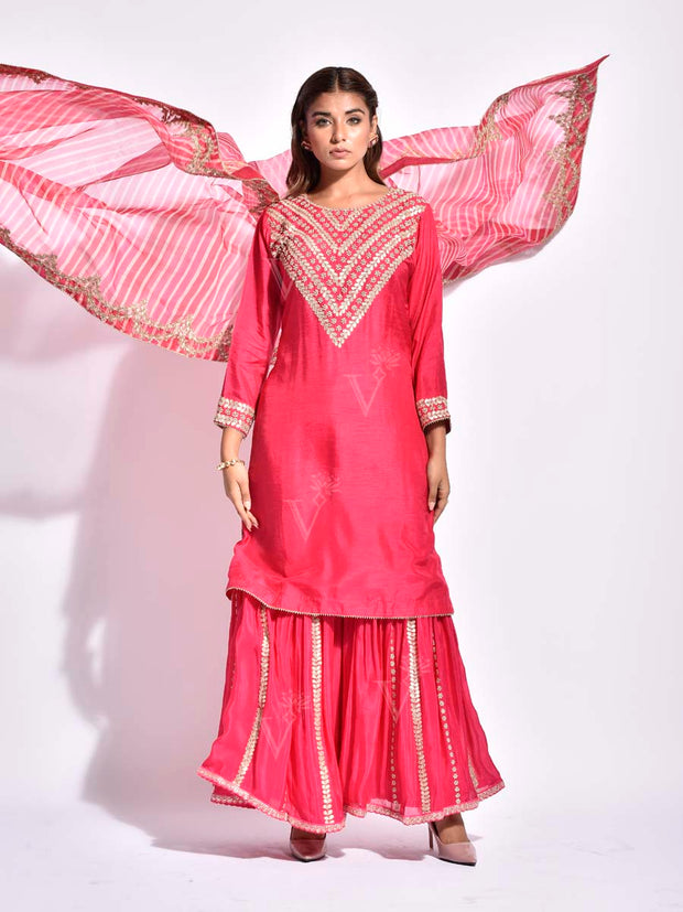 Pink Embroidered Silk Kurta and Sharara Set