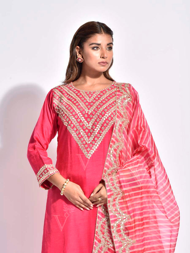 Pink Embroidered Silk Kurta and Sharara Set