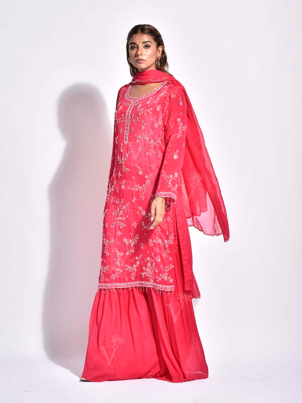 Pink Georgette Embroidered Sharara Set