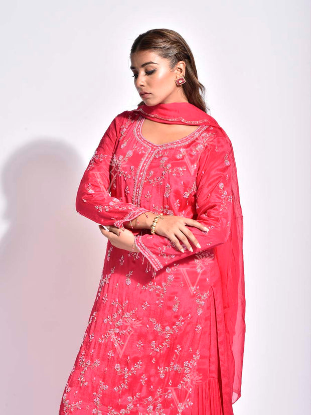 Pink Georgette Embroidered Sharara Set