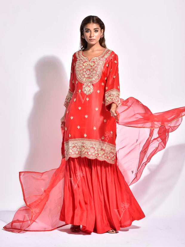 Red Silk Gotta Patti Sharara Set