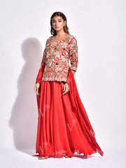 Red Embroidered Crepe Kurta and Palazzo Set