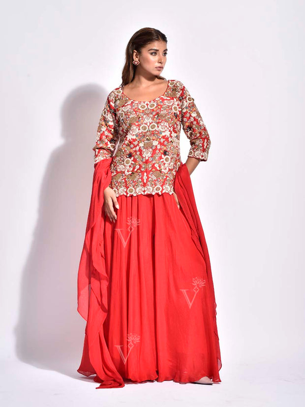 Red Embroidered Crepe Kurta and Palazzo Set