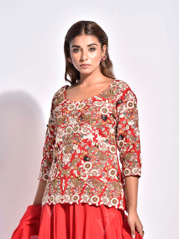 Red Embroidered Crepe Kurta and Palazzo Set