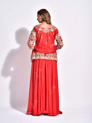 Red Embroidered Crepe Kurta and Palazzo Set