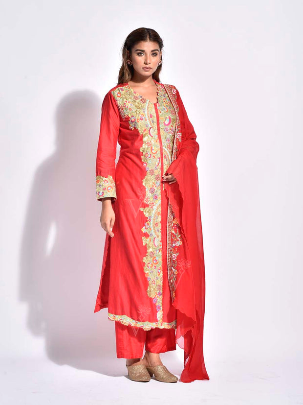 Red Embroidered Chanderi Suit Set