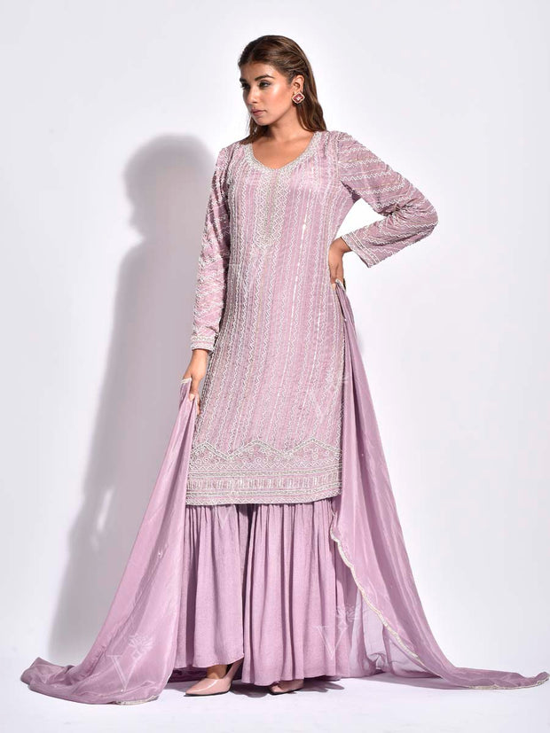 Lilac Embroidered Georgette Sharara Set