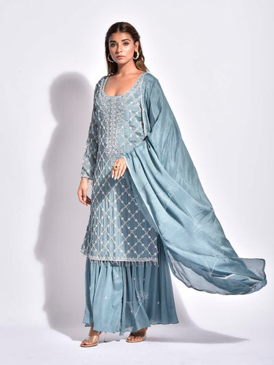 Baby Blue Embroidered Sharara Set